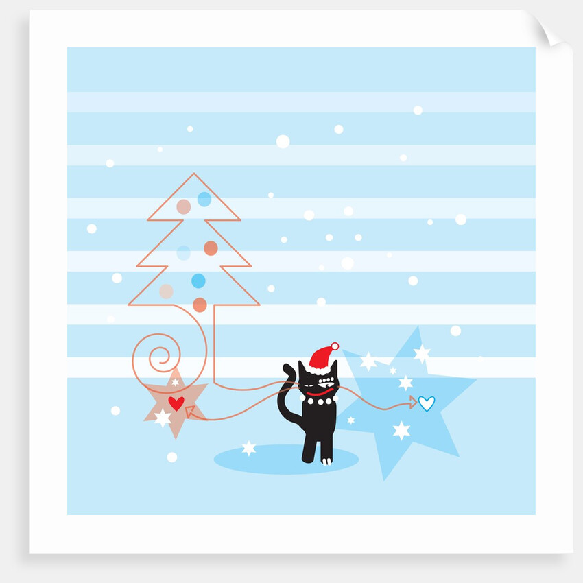 A black cat wearing a Santa hat next to a Christmas tree and stars by Anonymous