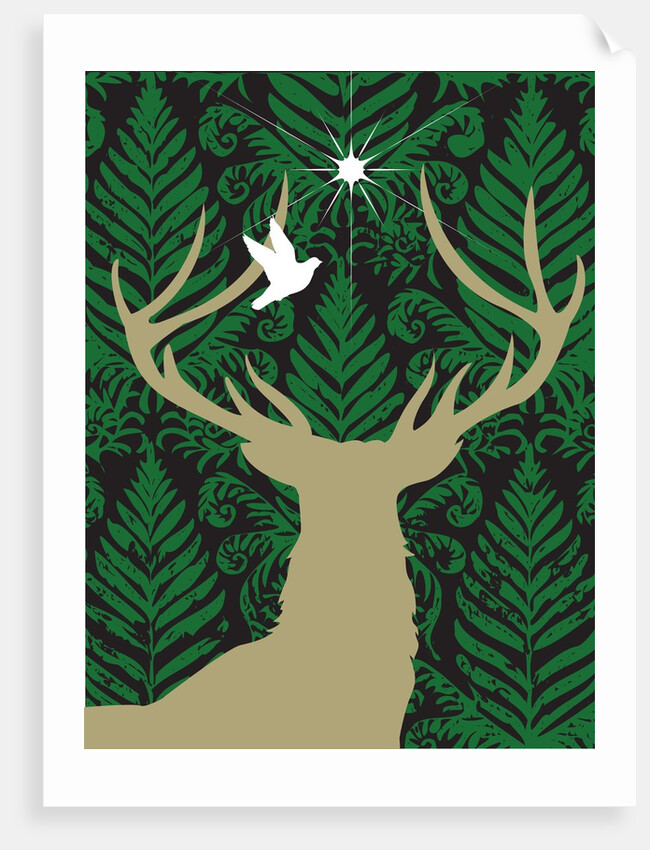 Silhouette of a deer, a dove and a star against a decorative background by Anonymous