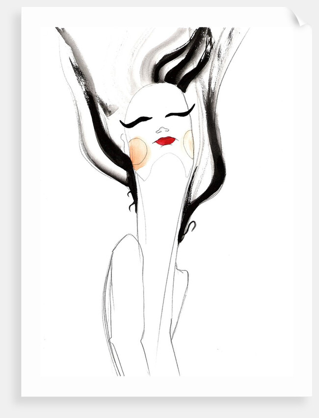 A woman with black hair blowing upwards by Anonymous