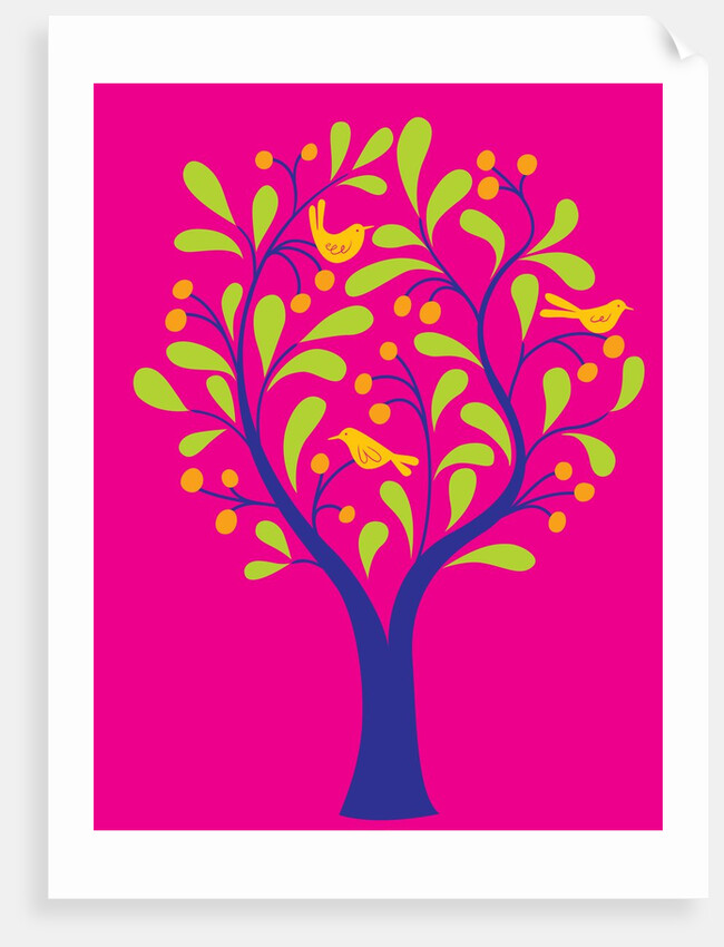 A fruit tree with birds in it on a pink background by Anonymous