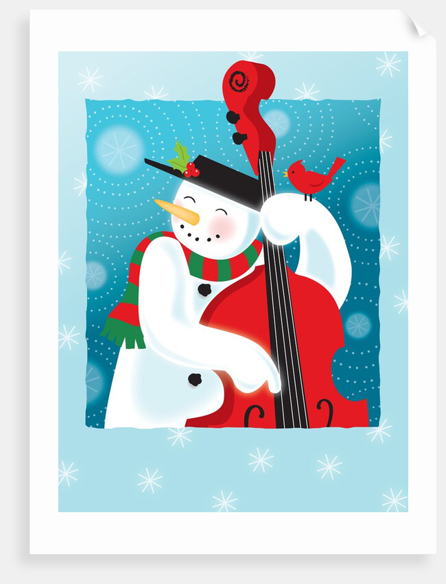 A happy snowman playing an upright bass by Anonymous