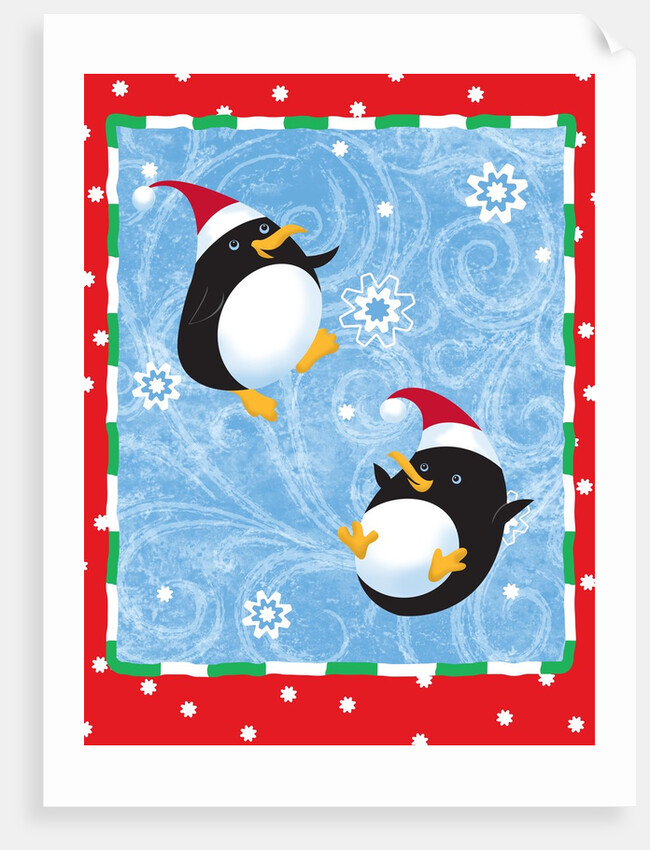 Two penguins in Santa hats playing in the snow by Anonymous