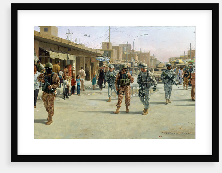 Troops patrolling market in Iraq by Anonymous