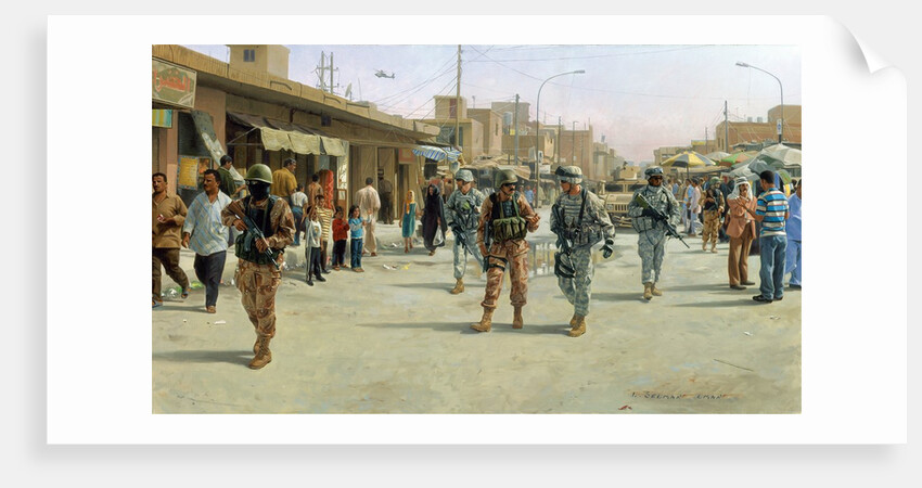 Troops patrolling market in Iraq by Anonymous