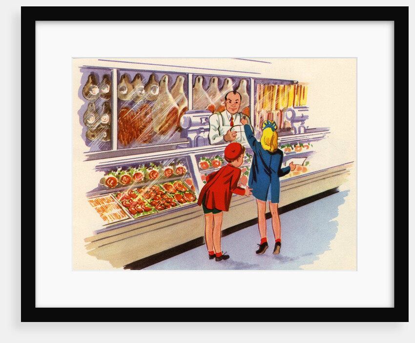 Boy and girl shopping at butcher shop by Anonymous