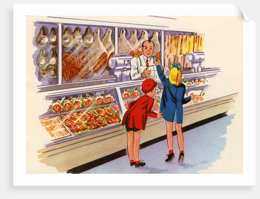 Boy and girl shopping at butcher shop by Anonymous