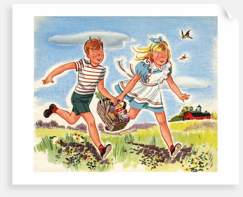 Boy and girl running with basket of groceries by Anonymous