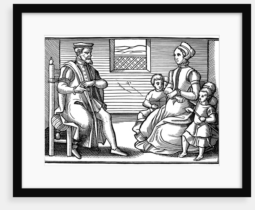 Woodcut of Puritan family learning to sing psalms by Anonymous