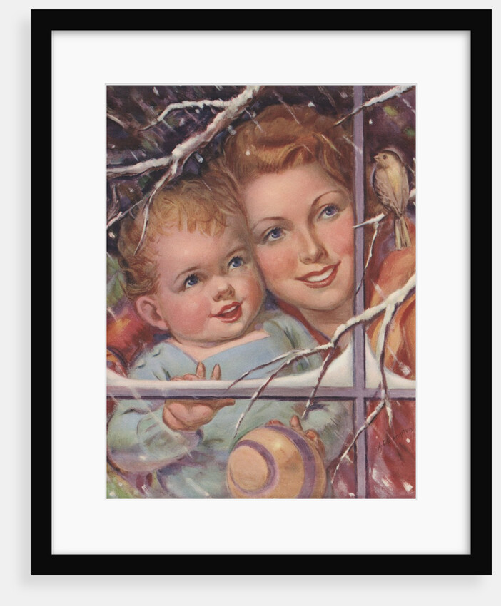 Mother and child looking at bird through window by Anonymous