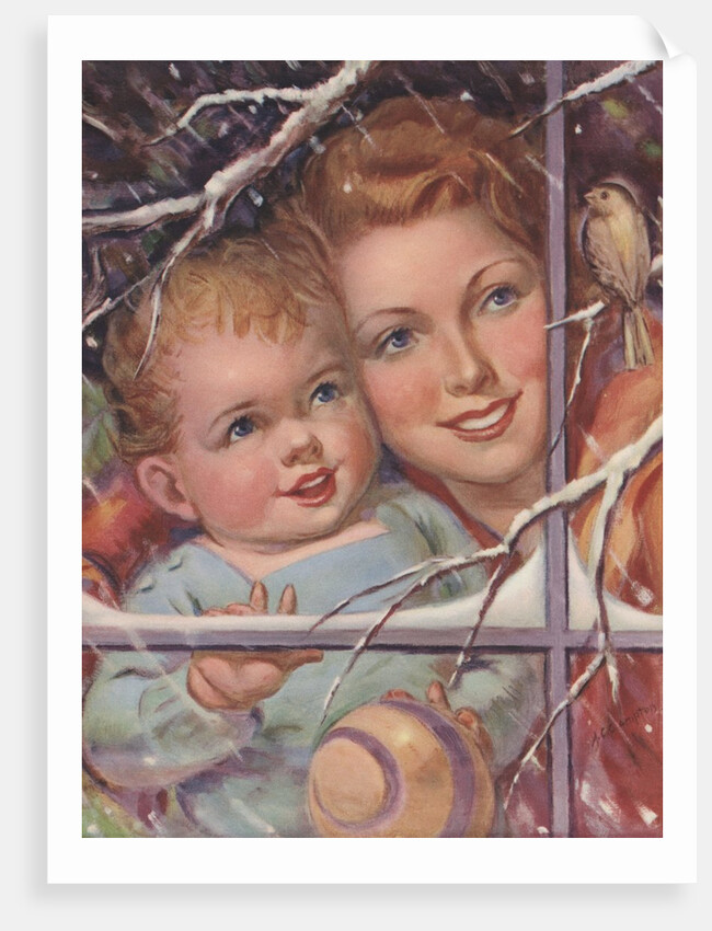 Mother and child looking at bird through window by Anonymous