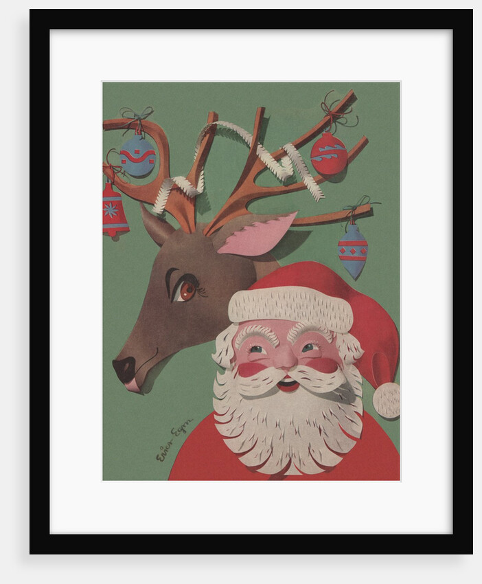 Santa and Reindeer with ornaments collage by Anonymous