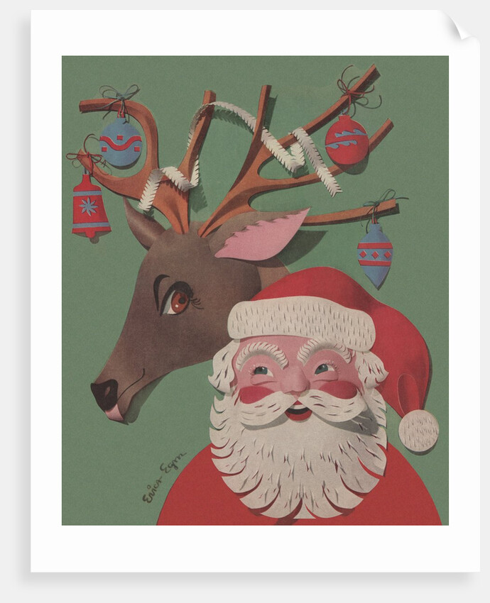 Santa and Reindeer with ornaments collage by Anonymous