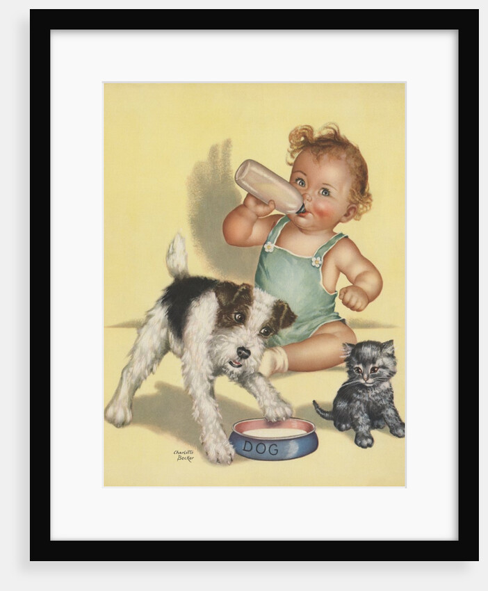 Baby with dog and kitten by Anonymous