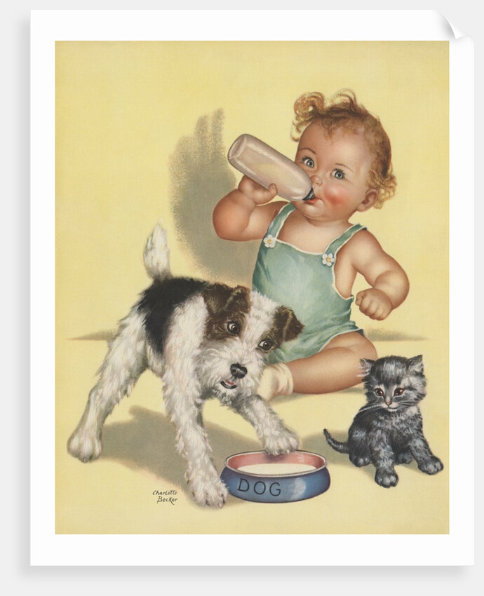Baby with dog and kitten by Anonymous