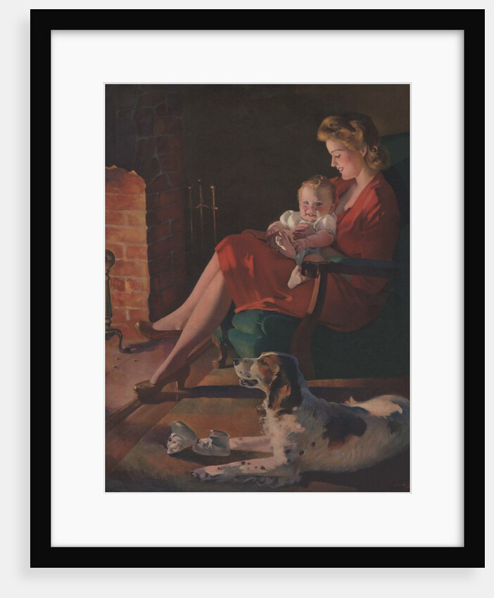 Mother and child sitting near fireplace by Anonymous