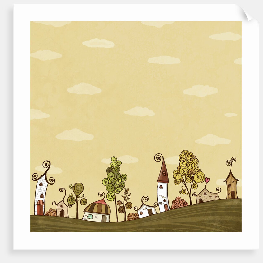 Lined-up Houses and Trees and Yellow Brown Sky above by Anonymous