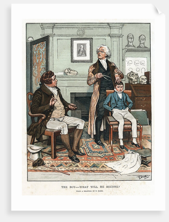 Man practicing phrenology on boy by Anonymous