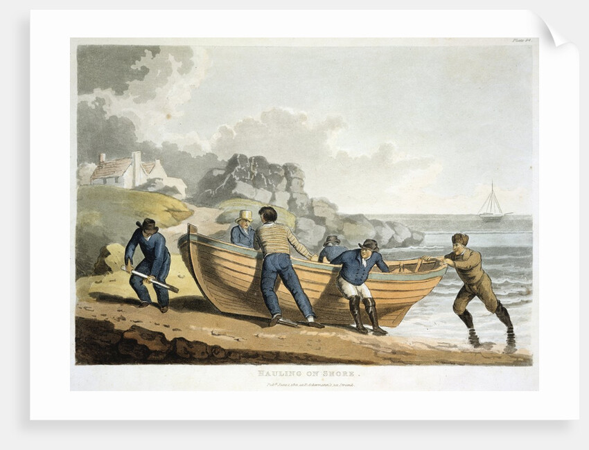 Men hauling dinghy to shore by Anonymous