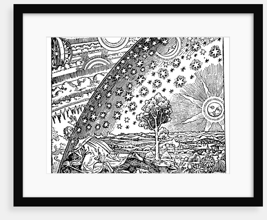 Engraving of a man discovering the point where earth and the sky meet by Anonymous