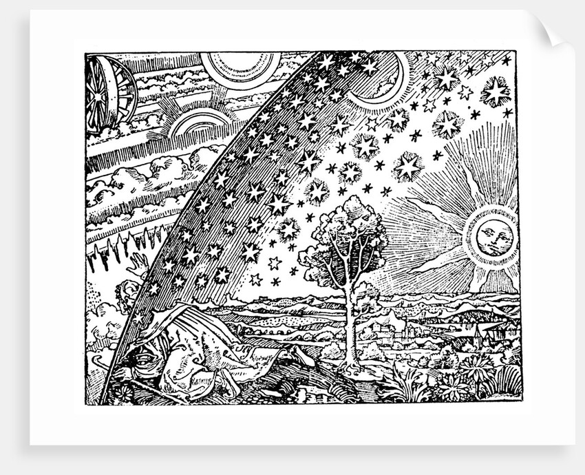 Engraving of a man discovering the point where earth and the sky meet by Anonymous