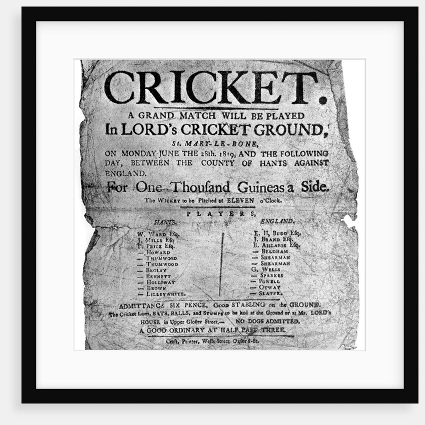 Flyer advertising a cricket match between Hampshire and England, 1819 by Anonymous