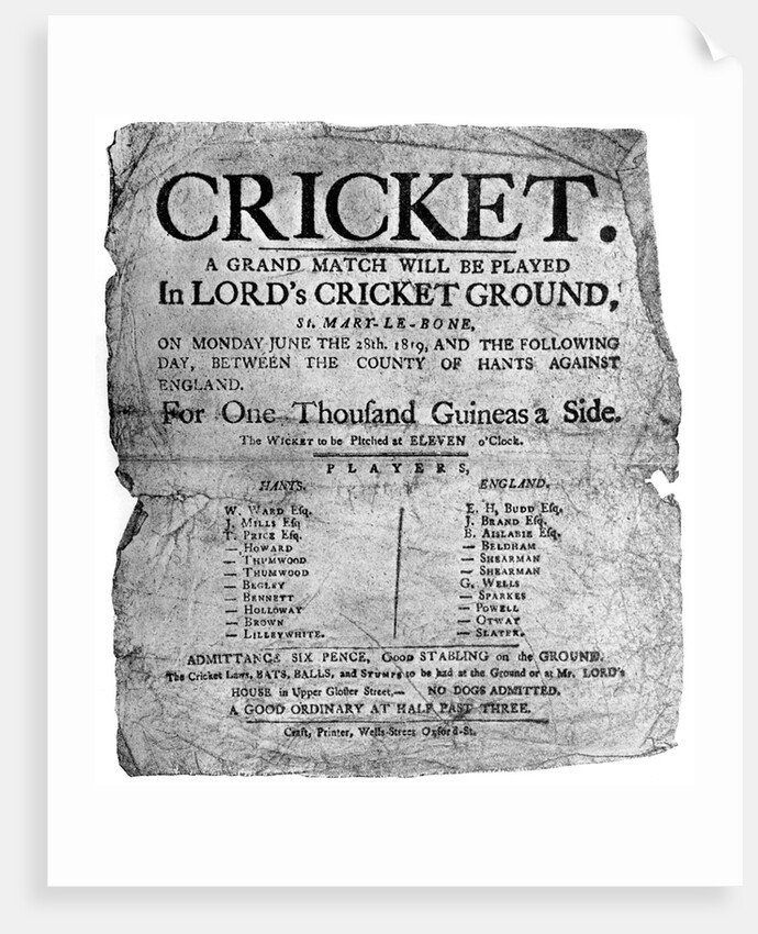 Flyer advertising a cricket match between Hampshire and England, 1819 by Anonymous