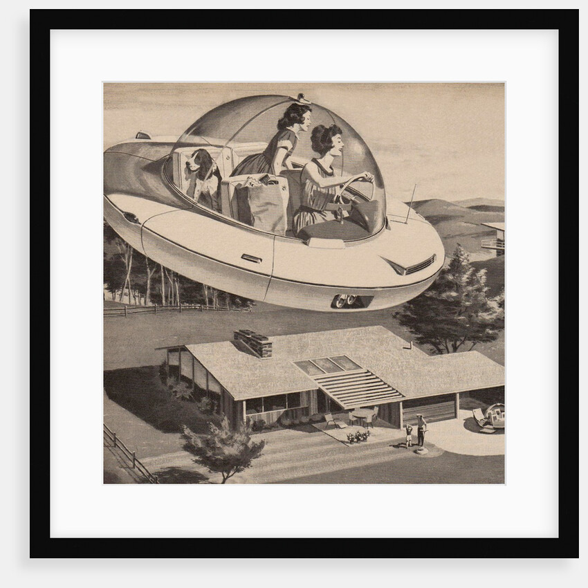 Woman driving flying saucer by Anonymous