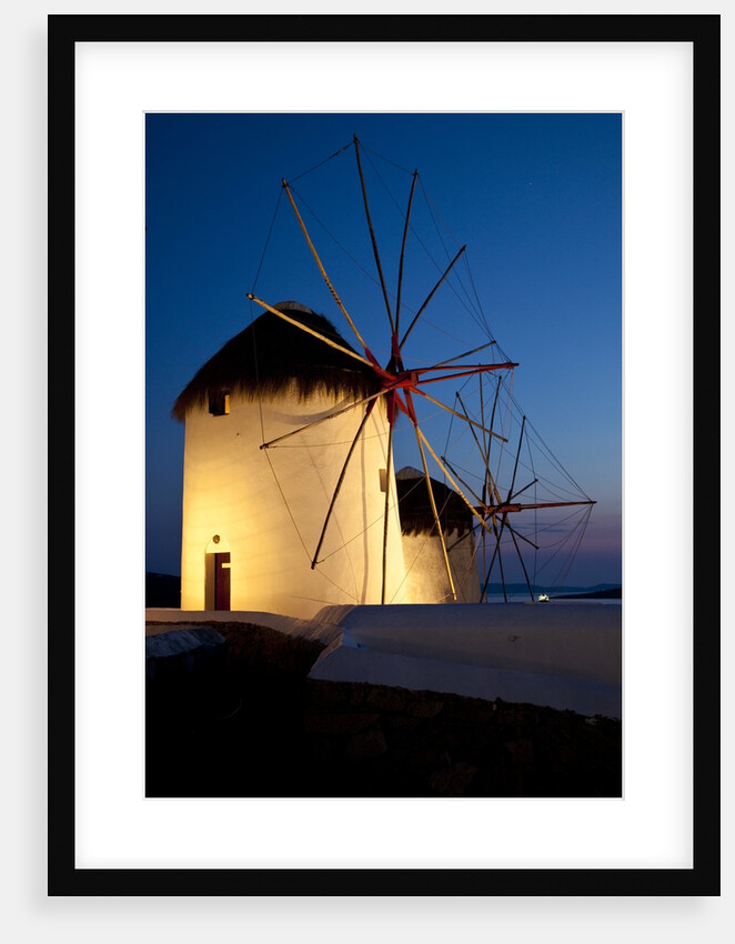 Windmills lite up at dusk, Greek Island of Mykonos by Anonymous