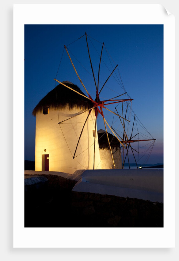 Windmills lite up at dusk, Greek Island of Mykonos by Anonymous