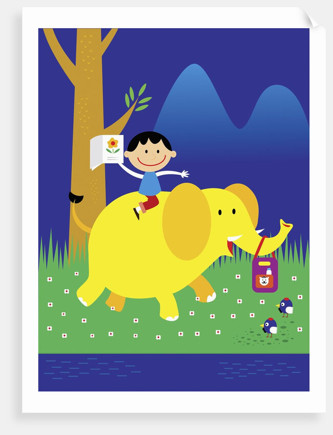 Boy Riding Elephant by Anonymous