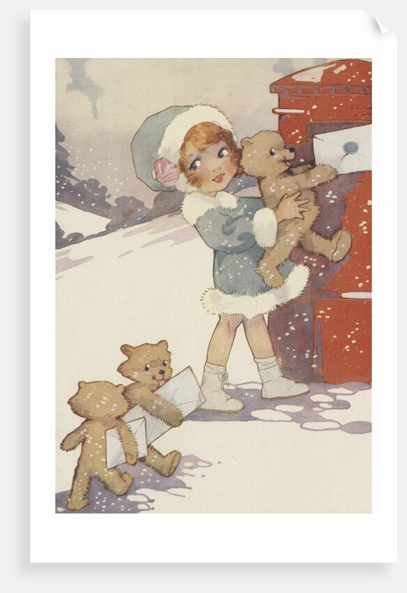 Illustration of girl and teddy bears mailing letters by Anonymous