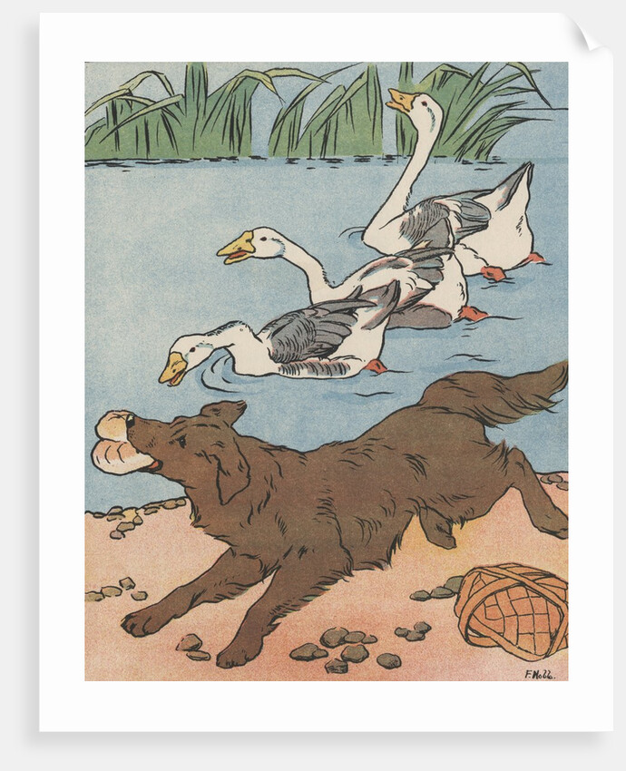 Illustration of geese honking at dog stealing food from basket by Anonymous