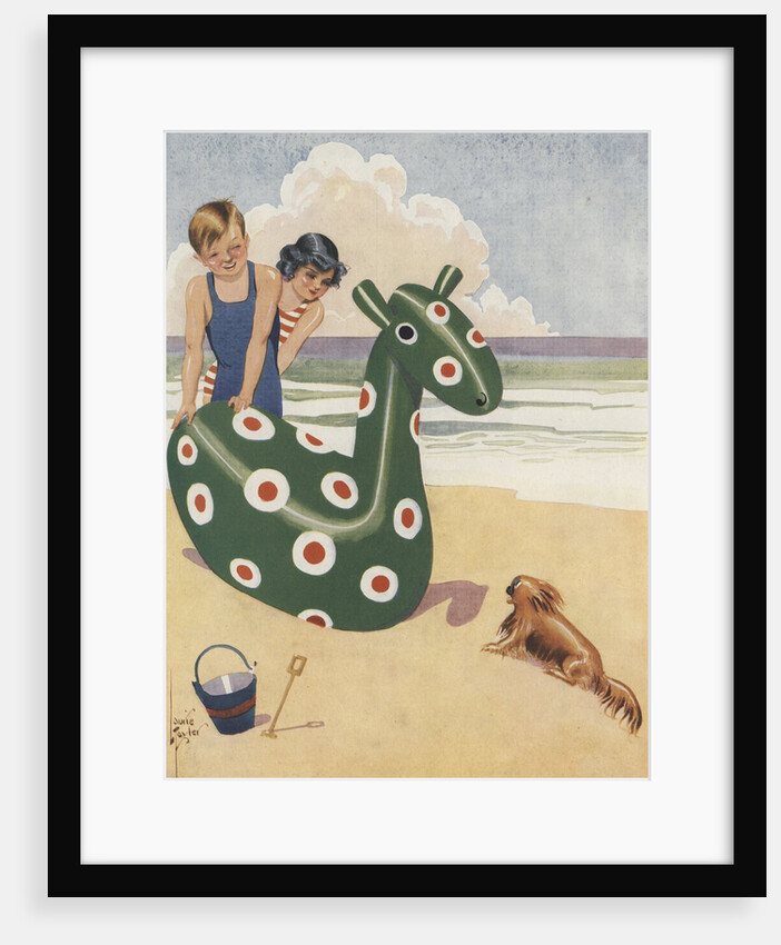 Illustration of dog frightened by inflatable beach toy by Anonymous
