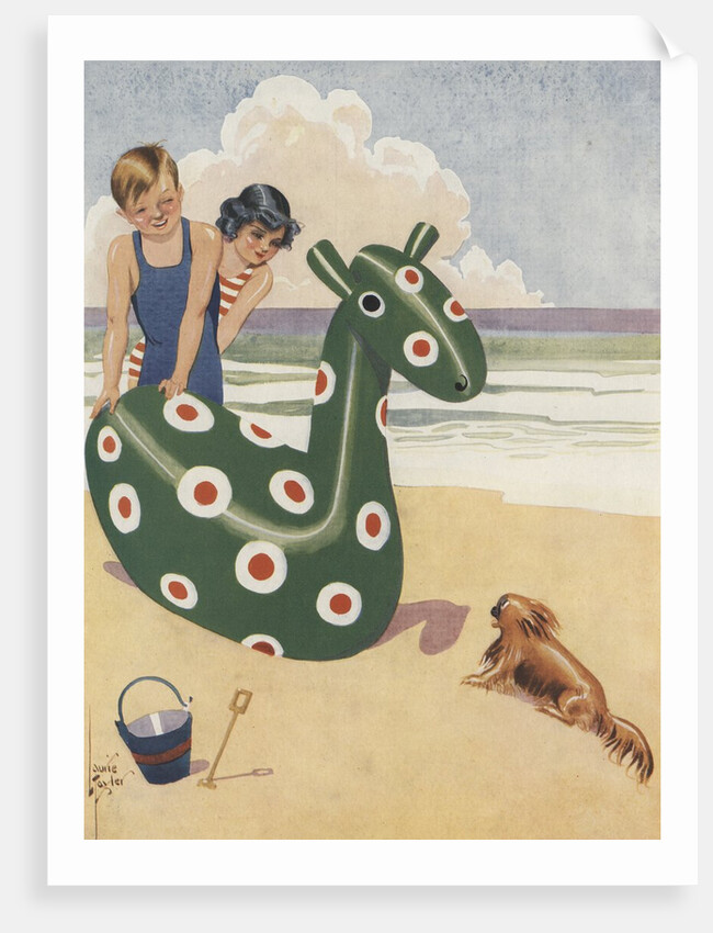 Illustration of dog frightened by inflatable beach toy by Anonymous