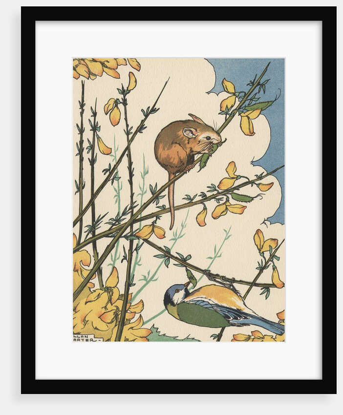 Illustration of mouse and bird feeding on branches by Anonymous