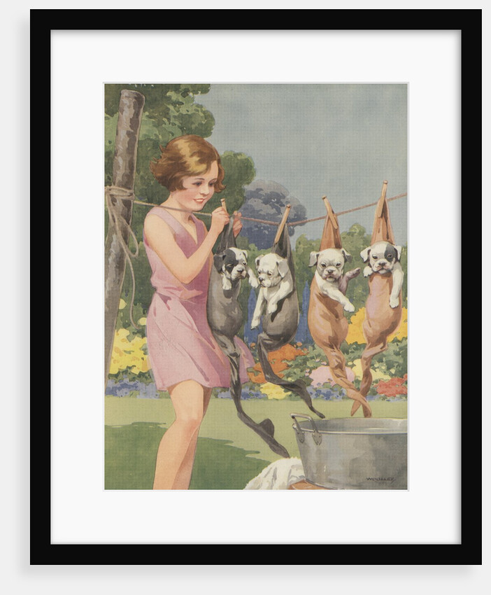 Illustration of girl hanging puppies in stockings by Anonymous
