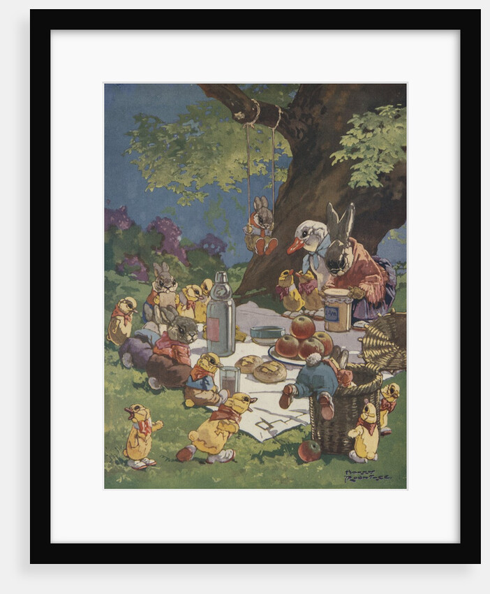 Illustration of rabbits and ducks at picnic by Anonymous
