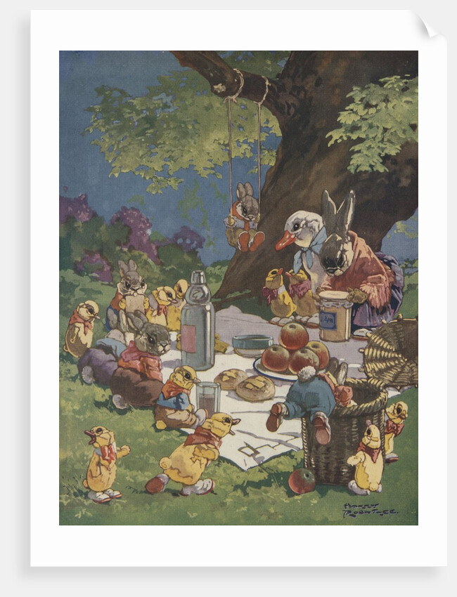 Illustration of rabbits and ducks at picnic by Anonymous