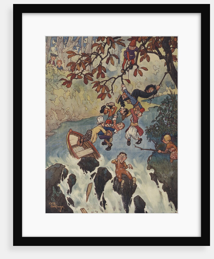 Illustration of men escaping from boat sinking near waterfall by Anonymous