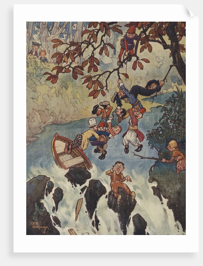 Illustration of men escaping from boat sinking near waterfall by Anonymous