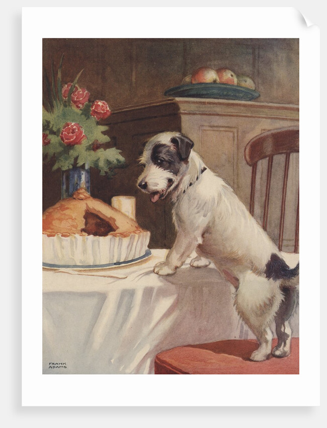 Illustration of dog eyeing pie on table by Anonymous