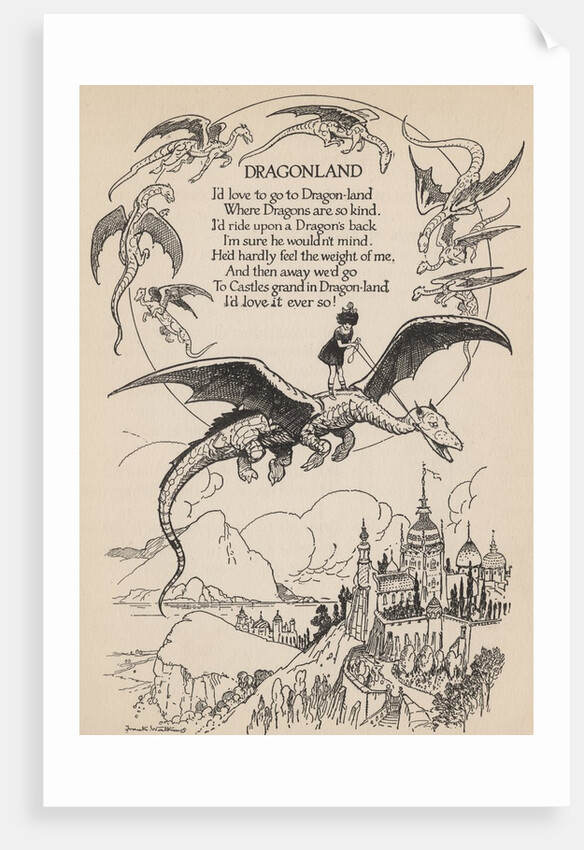 Illustration of girl riding flying dragon by Anonymous