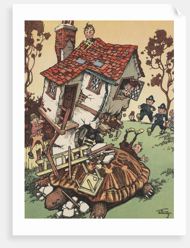 Illustration of giant turtle destroying house by Anonymous