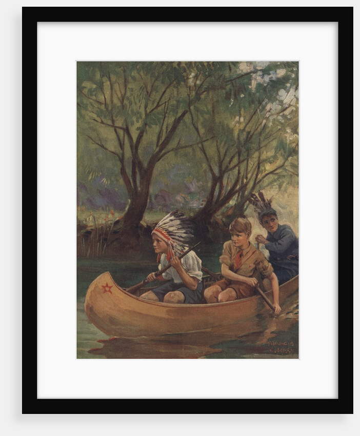 Illustration of three boys in canoe by Anonymous
