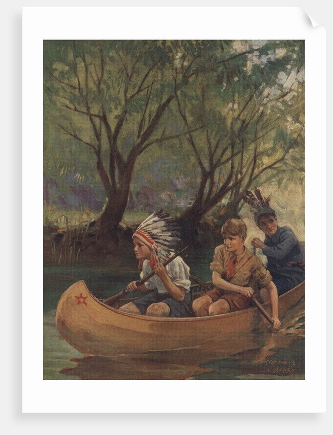 Illustration of three boys in canoe by Anonymous