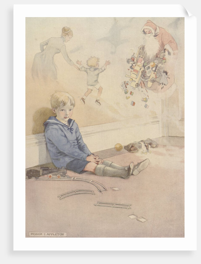 Illustration of boy daydreaming about Santa Claus by Anonymous
