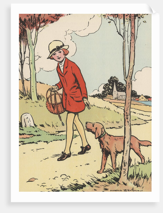 Illustration of girl walking with dog by Anonymous