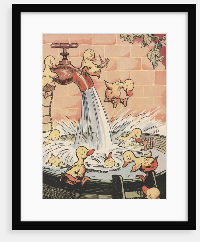 Illustration of ducklings playing in pail of water by Anonymous