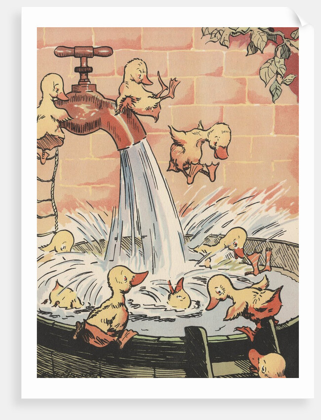Illustration of ducklings playing in pail of water by Anonymous