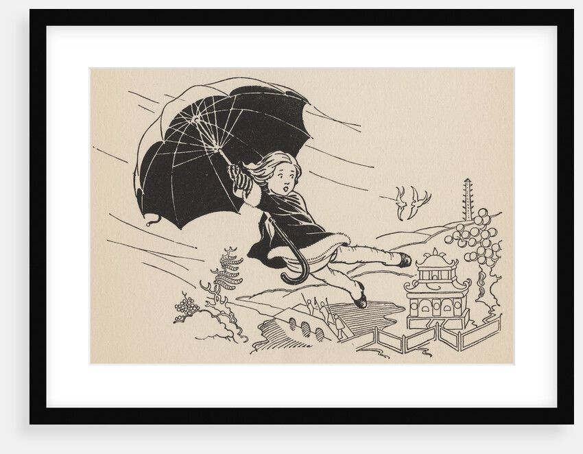 Illustration of girl with umbrella blown away by gust of wind by Anonymous